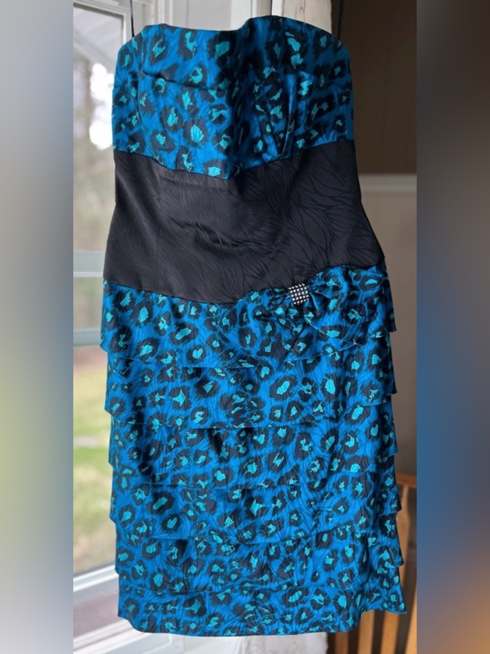 🎉HP🎉 VTG 90s Strapless Teal Leopard Print Tiered Silk Dress Spec Occasion Sz 10